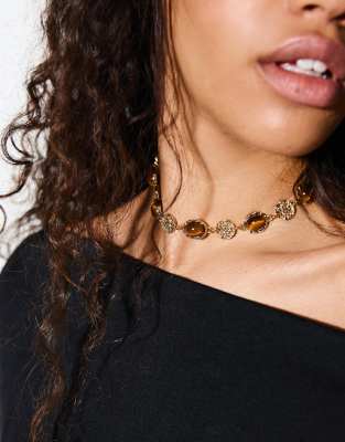Bershka - Collier ras de cou à strass - Doré
