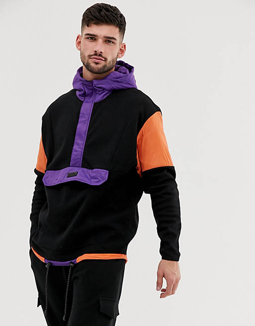 Bershka colour block hoodie with front pocket in black | ASOS