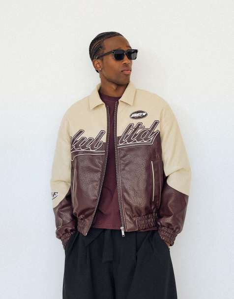 Bershka Colour block leather effect jacket in burgundy - view 1