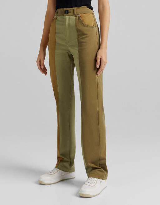 Bershka colour block military style straight pants in khaki