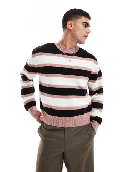 Bershka coloured stripe knitted jumper in pink