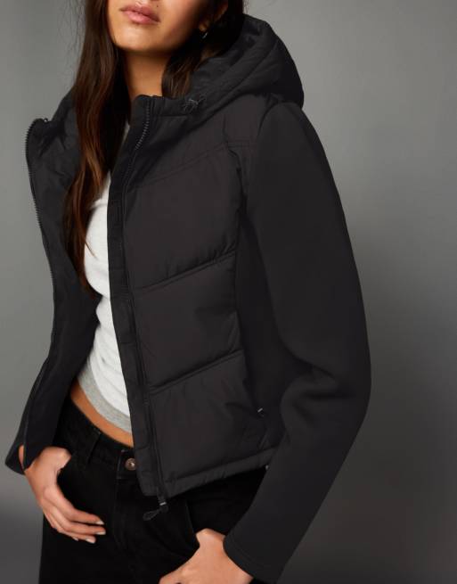 Bershka Combined hood jacket with neoprene effect in black, 2 of 4