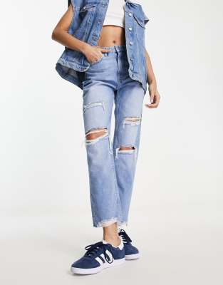 Bershka Comfort Fit Mom Jean With Rips In Light Blue