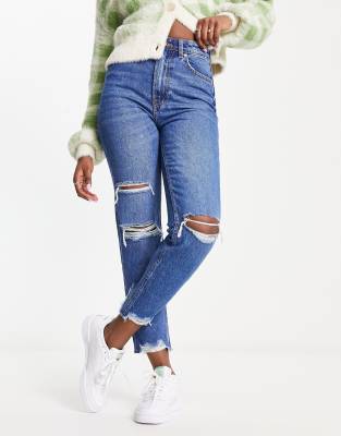 Bershka Comfort Fit Mom Jean With Rips In Mid Blue