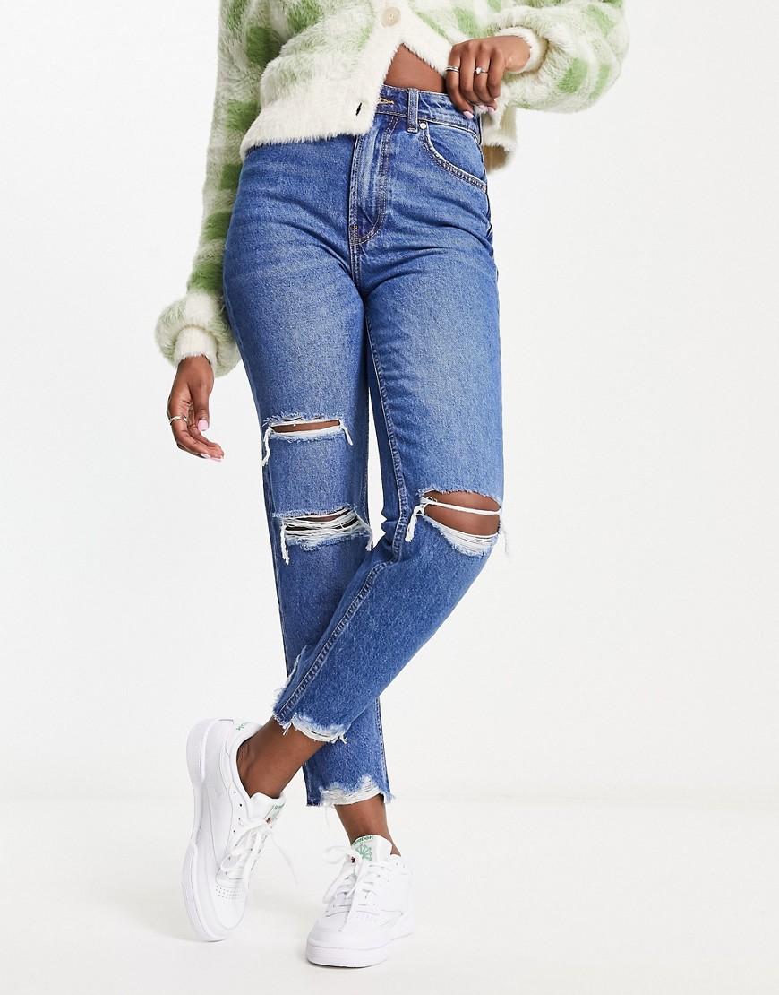 Bershka comfort fit mom jean with rips in mid blue