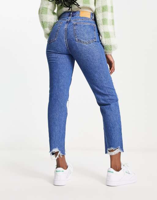 Bershka comfort fit mom jean with rips in mid blue