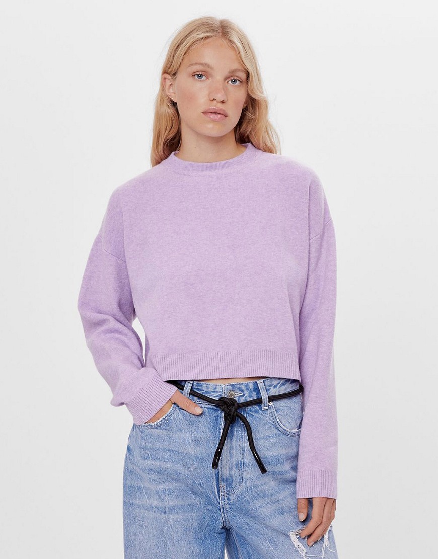 Bershka compact knit crew neck sweater in lilac marl-Purple