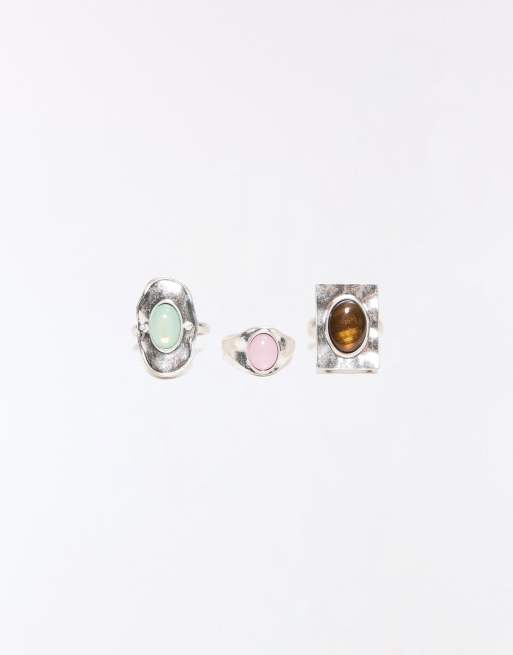 Bershka confezione da 3 anelli in pietra color argento, 4 di 5