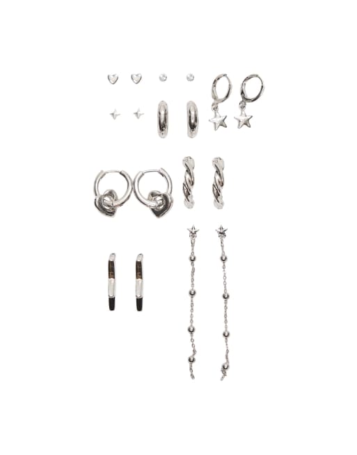 Bershka confezione da 9 orecchini assortiti color argento, 3 di 4