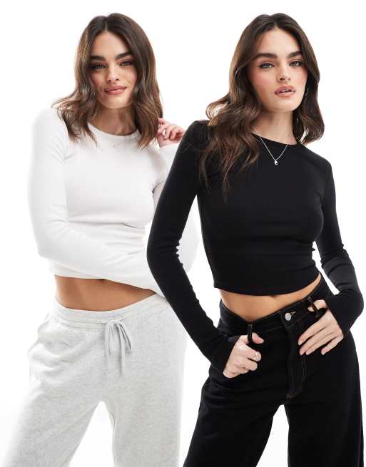 Bershka - Confezione da due T-shirt mini a maniche lunghe nera e bianca