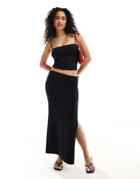 Bershka contrast bow trim midi skirt in black & white - view 1