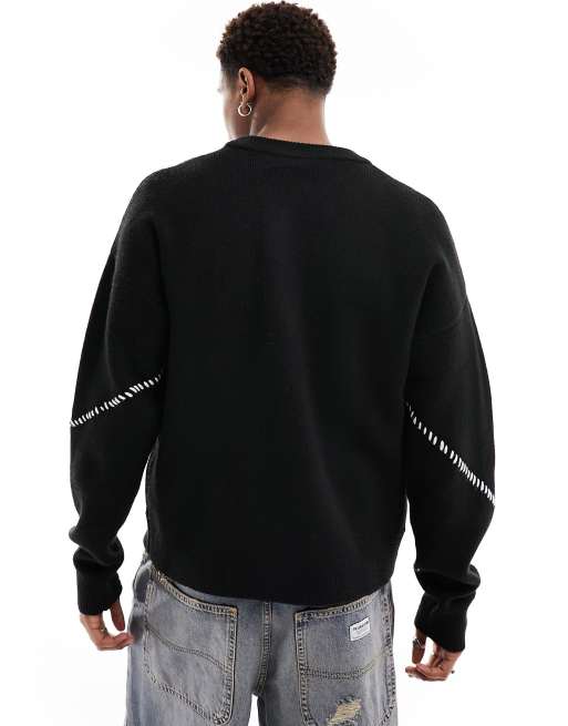 Bershka contrast cross stich knit sweater in black | ASOS