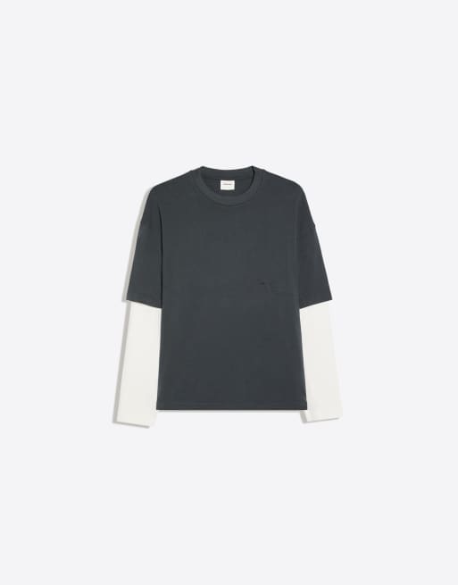 Bershka Contrast double-sleeve t-shirt in grey&black, 5 of 5