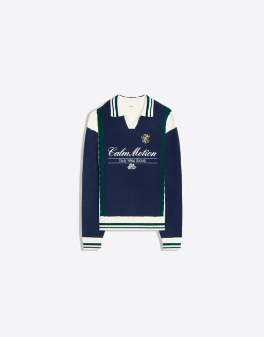 Bershka Contrast embroidered cable-knit polo collar jumper in denim blue, 5 of 6