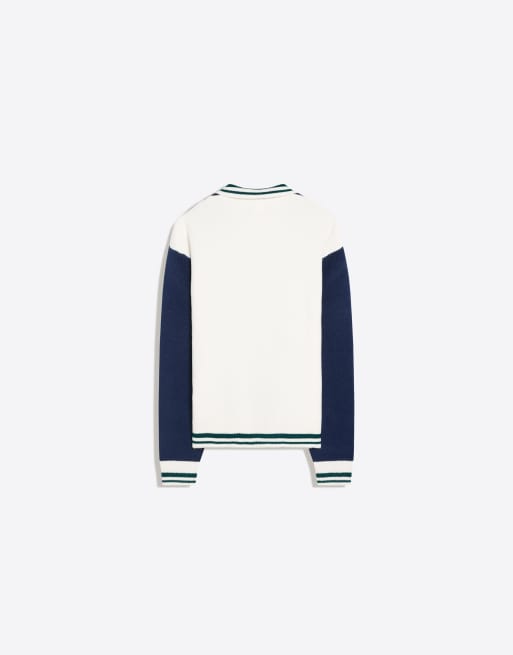 Bershka Contrast embroidered cable-knit polo collar jumper in denim blue, 6 of 6