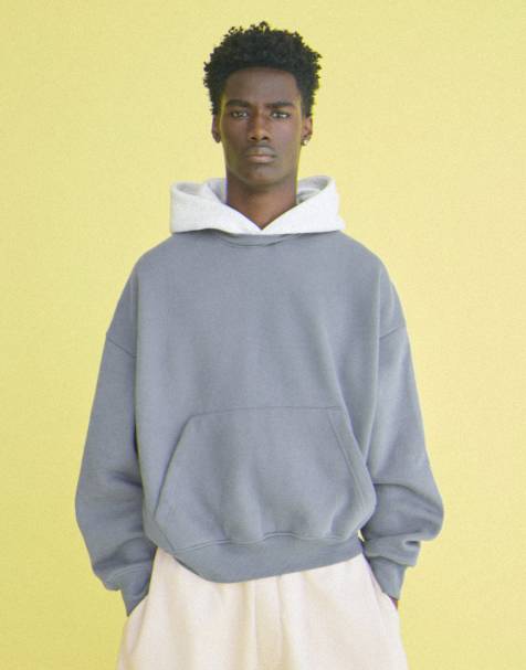 Bershka Contrast hood sweatshirt in mid blue - view 1