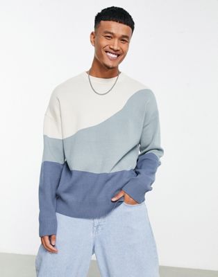 Bershka contrast knitted jumper in blue and white