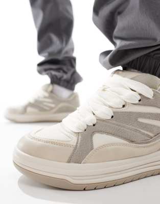 Bershka contrast panel chunky sneakers in beige | ASOS