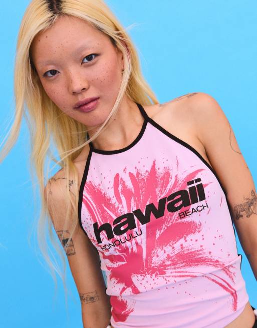 Bershka Contrast print halter top in pink, 4 of 5