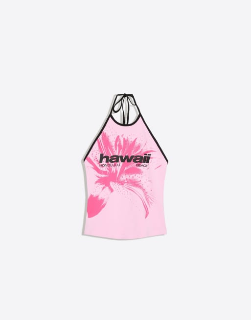 Bershka Contrast print halter top in pink, 5 of 5