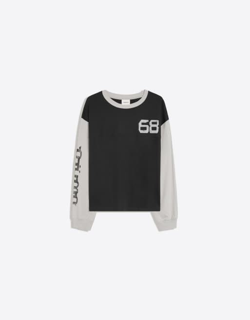 Bershka Contrast print long sleeve waffle-knit t-shirt in grey, 5 of 5