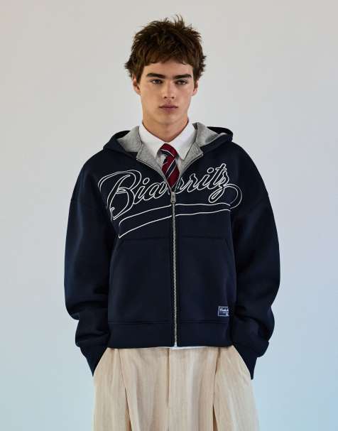 Bershka Contrast print sweatshirt with hood in navy - view 1