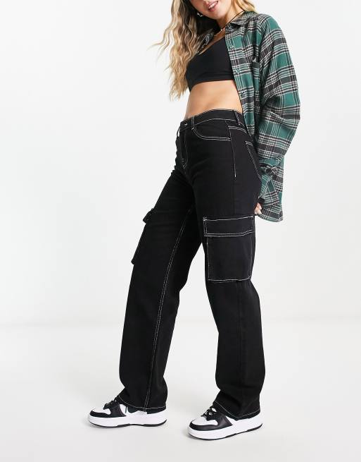 Educación Anormal realce Bershka contrast seam cargo jeans in black | ASOS