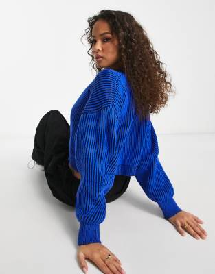 Bershka contrast seam detail crew neck jumper in bright blue