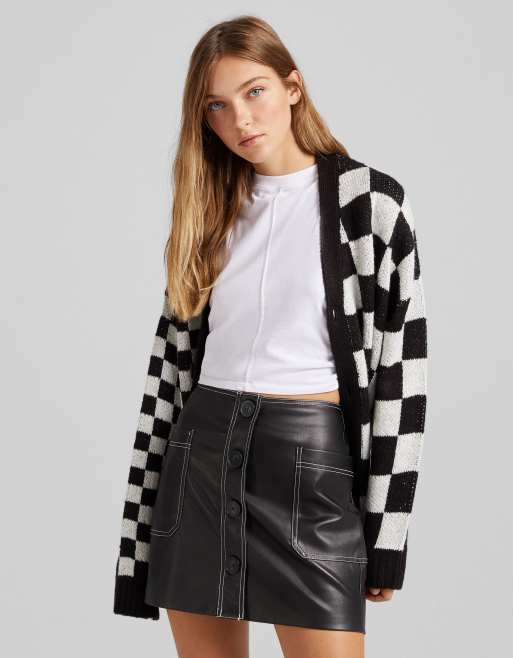 Bershka contrast seam pocket detail faux leather mini skirt in black ASOS
