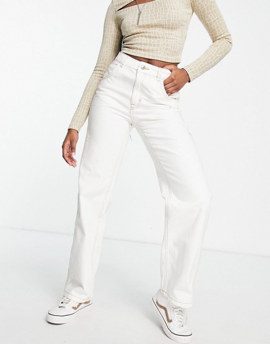 Bershka contrast seam straight leg cargo jeans in off white