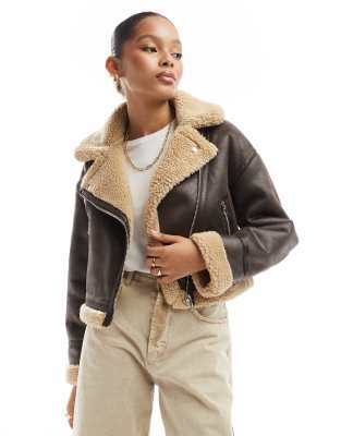 Bershka Contrast Shearling Jacket In Brown & Ecru-multi