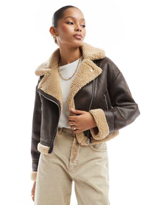 Bershka contrast shearling jacket in brown ecru