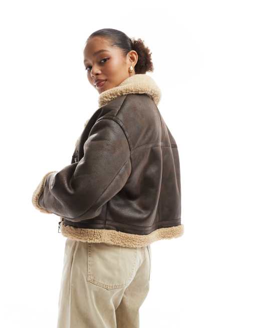 Bershka contrast shearling jacket in brown & ecru