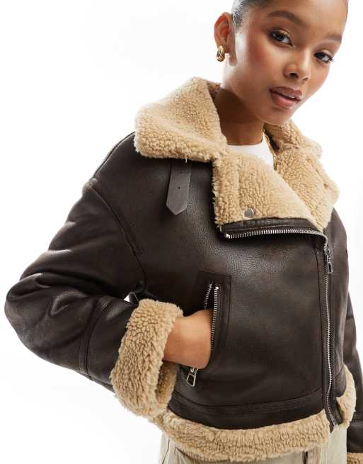 Bershka contrast shearling jacket in brown ecru