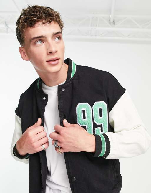 Bershka varsity bomber jacket in green