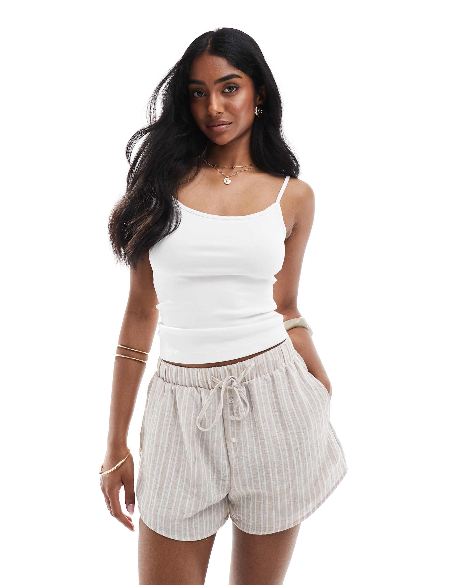 bershka contrast square neck cami top in white