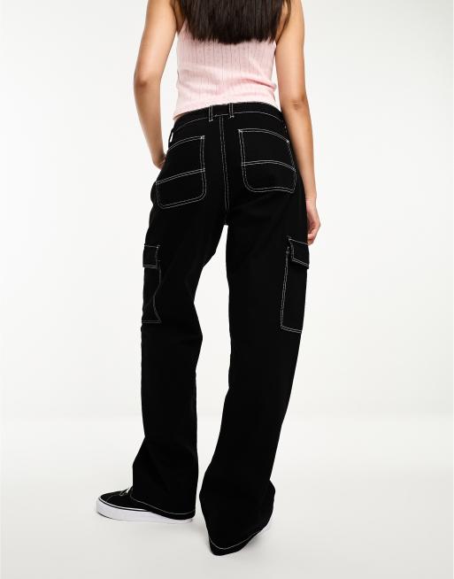 Bershka contrast stitch cargo jeans in black