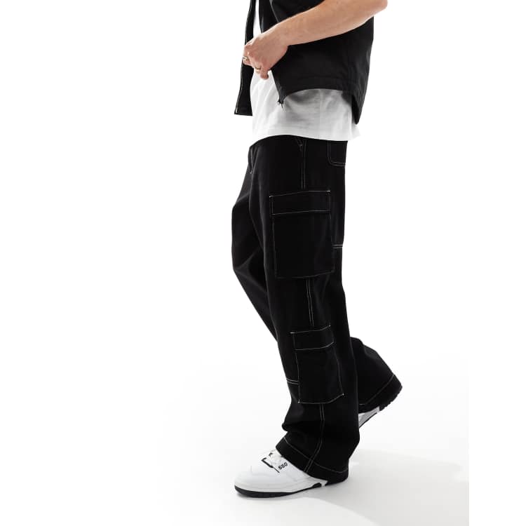Bershka contrast stitch cargo pants in black | ASOS