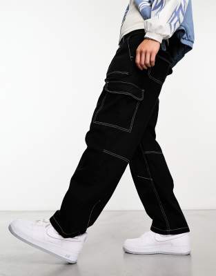 Bershka straight leg cargo pants in black, ASOS