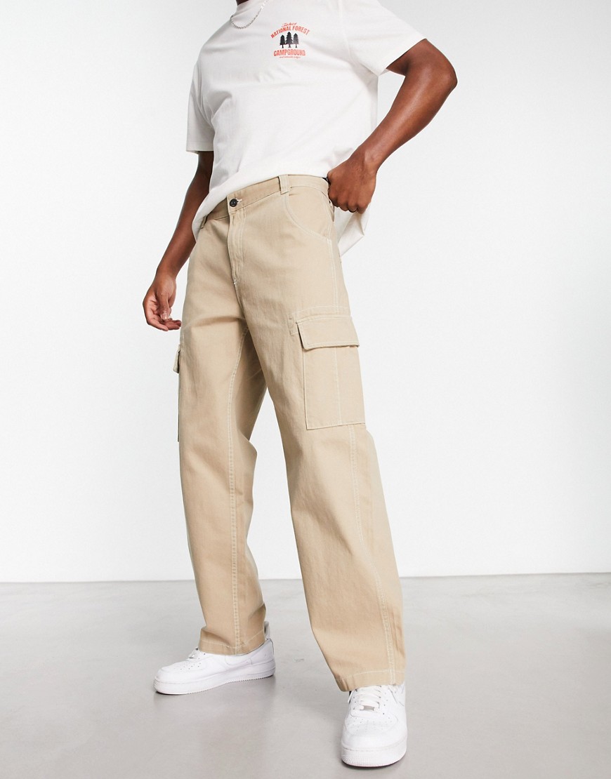 Bershka contrast stitch wide fit cargo pants in beige-Neutral
