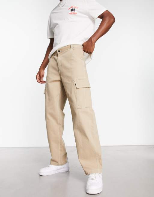 Bershka contrast stitch wide fit cargo pants in beige