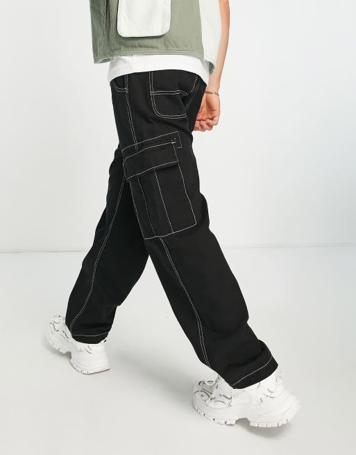 Bershka contrast stitch wide fit cargo pants in black ASOS