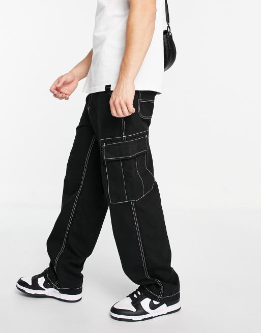 Bershka contrast stitch wide fit cargo pants in black