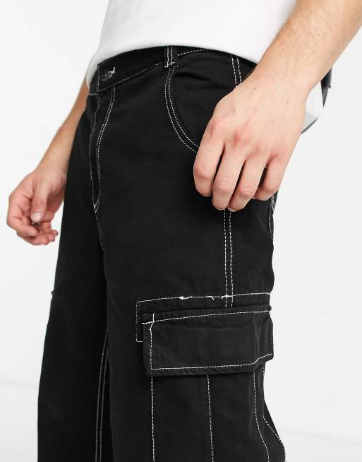 Bershka contrast stitch wide fit cargo pants in black