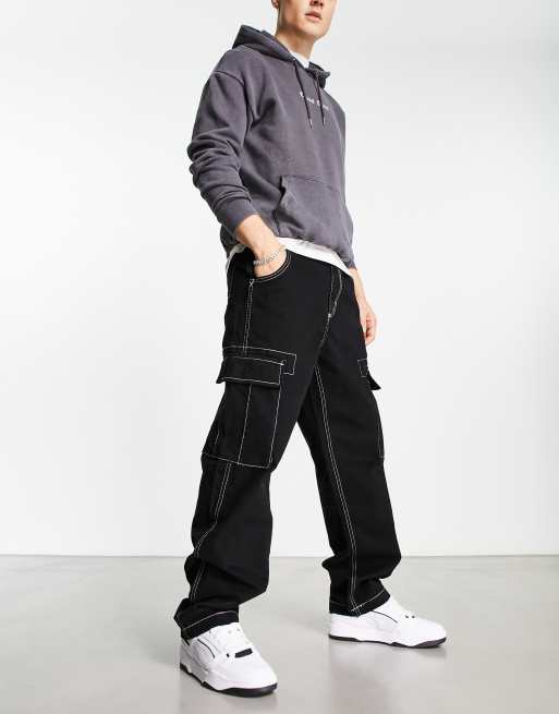 Bershka contrast stitch wide fit cargo pants in black