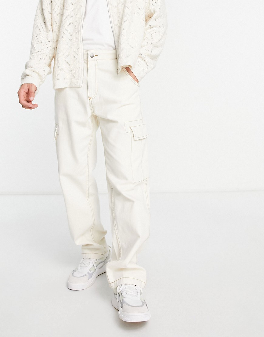 Bershka contrast stitch wide fit cargo pants in ecru-White