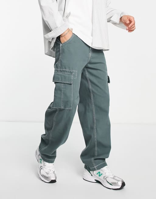 Grey Cargo Pant Wide Leg Contrast Stitch