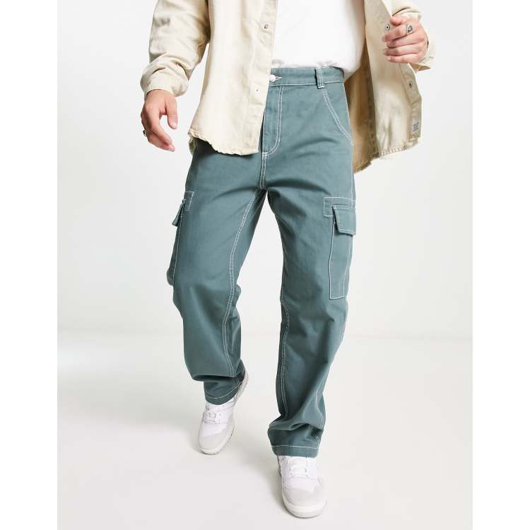 Bershka contrast stitch wide fit cargo pants in grey | ASOS