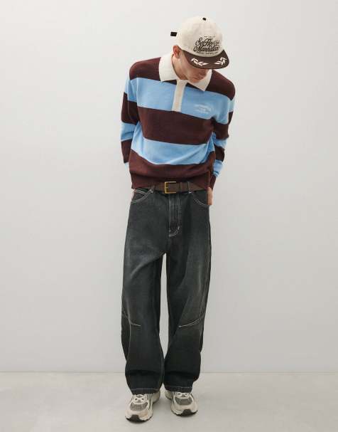 Bershka Contrast stripe polo collar jumper in brown - view 1