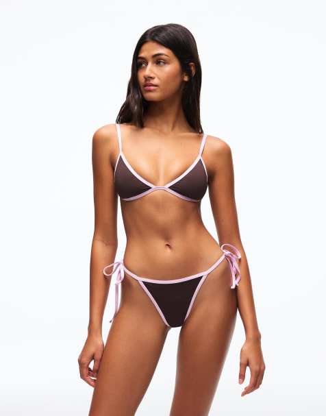 Bershka Contrast triangle bikini top in brown - view 1